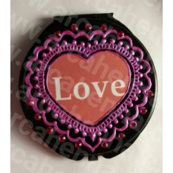 Miroir de poche décoré à la main noir et fuchsia "LOVE" 